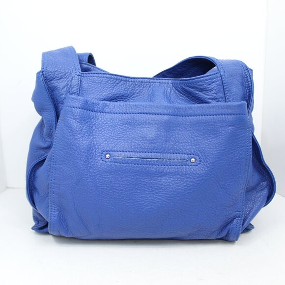 B MAKOWSKY Silver Hot Metal Collection Large Blue Leather Satchel Handbag Tote - Picture 3 of 8